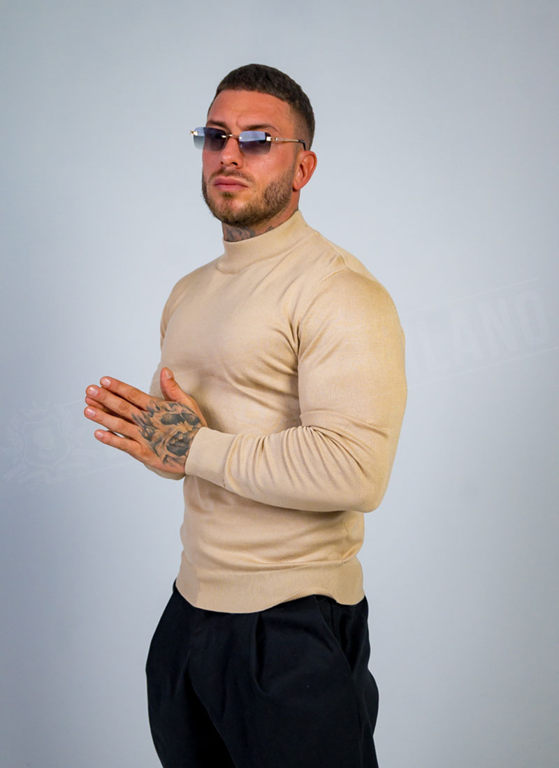 Pulover barbatesc din tricot fin bej cu guler ridicat B877-4