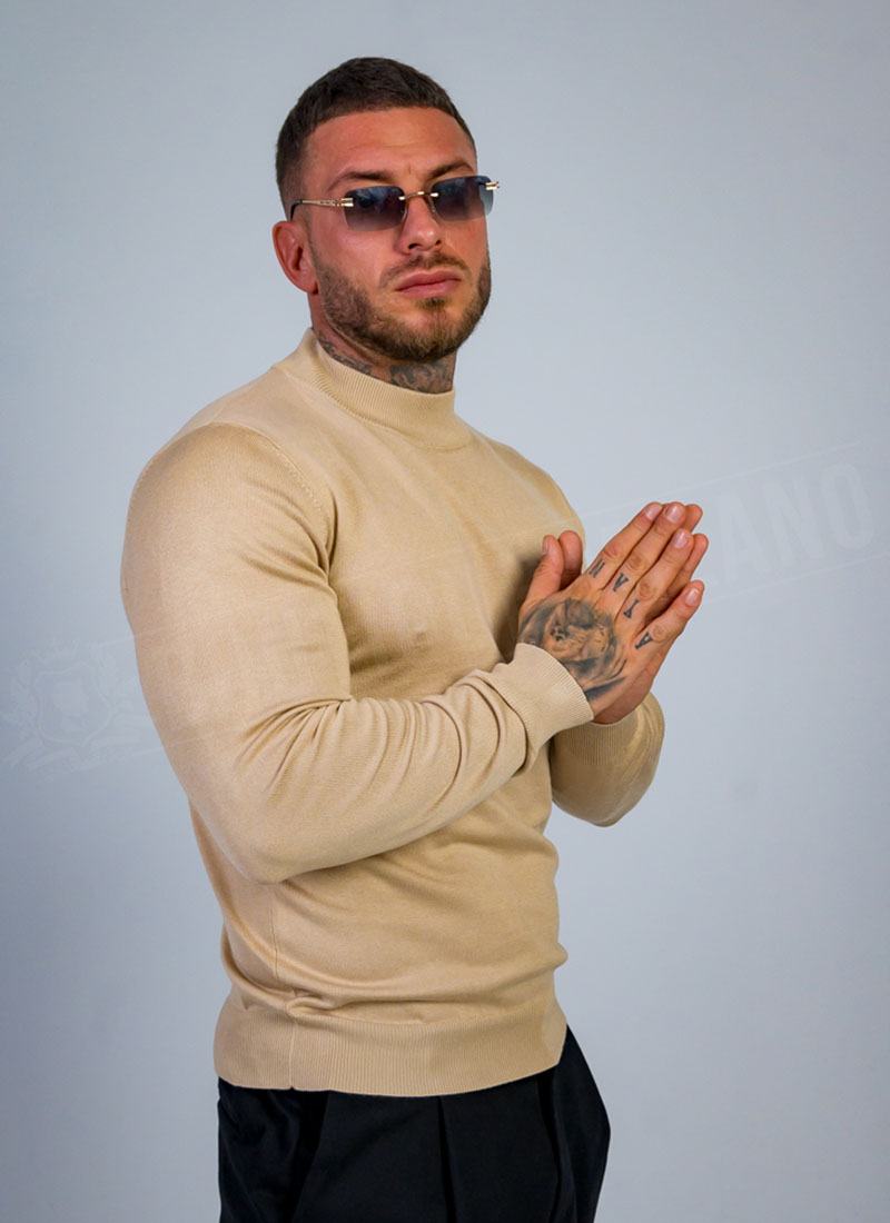 Pulover barbatesc din tricot fin bej cu guler ridicat B877-4