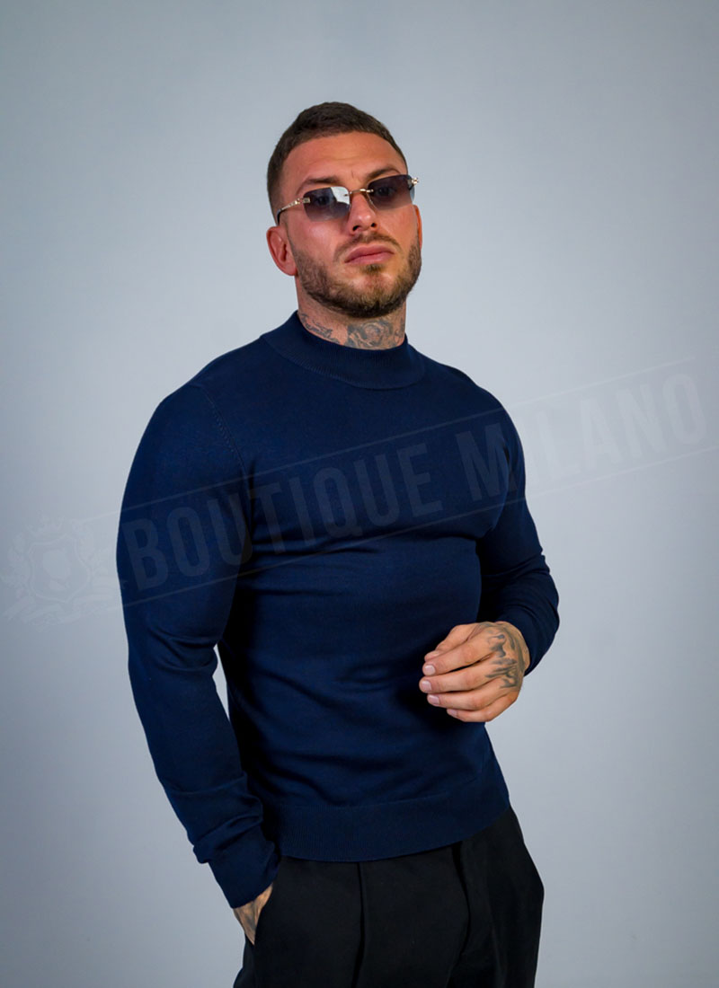 Pulover barbatesc din tricot fin albastru inchis cu guler ridicat B877-3