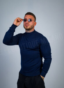 Pulover barbatesc din tricot fin albastru inchis cu guler ridicat B877-3