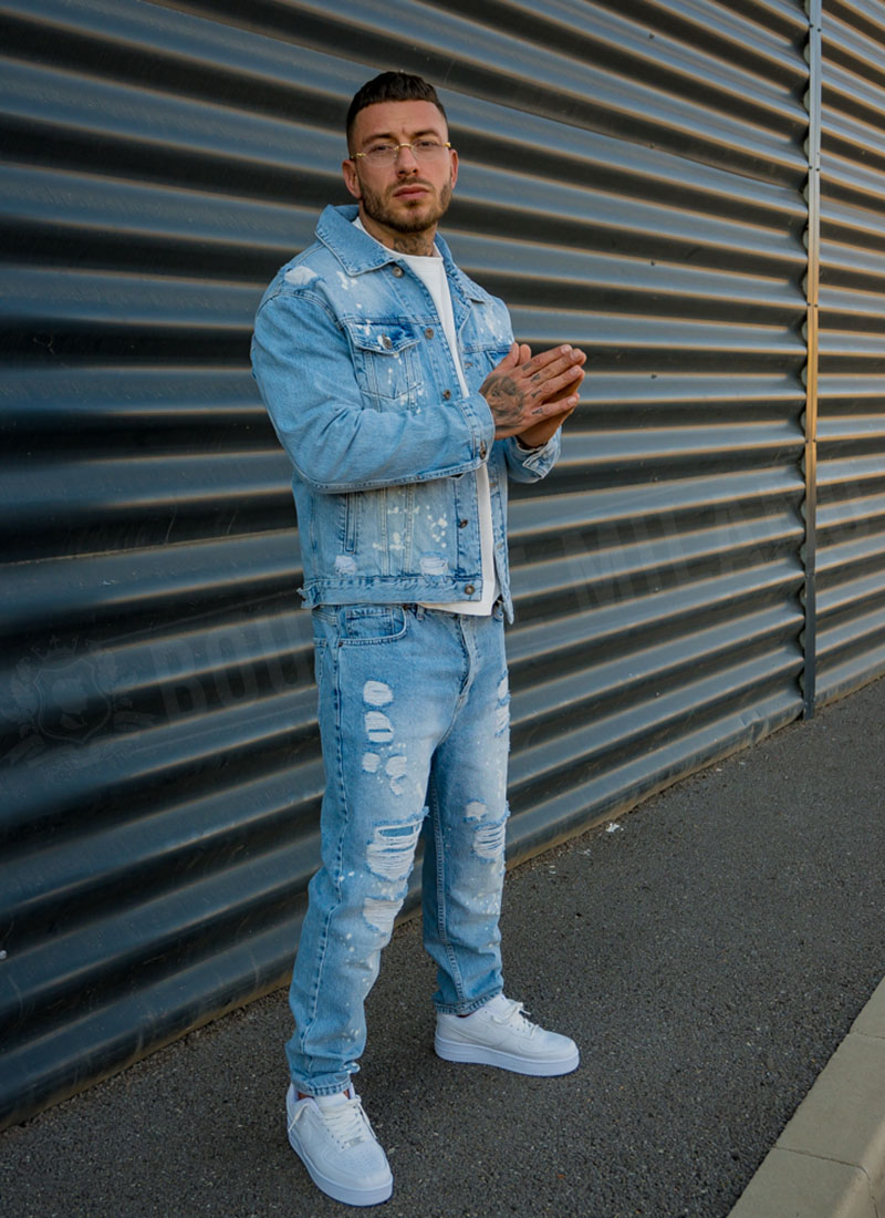 Geaca barbateasca denim bleu cu stropi si efect de uzura D1314