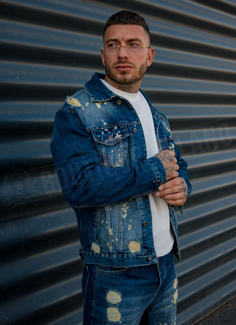 Geaca barbateasca denim albastru inchis cu stropi si efect de decolorare D1313